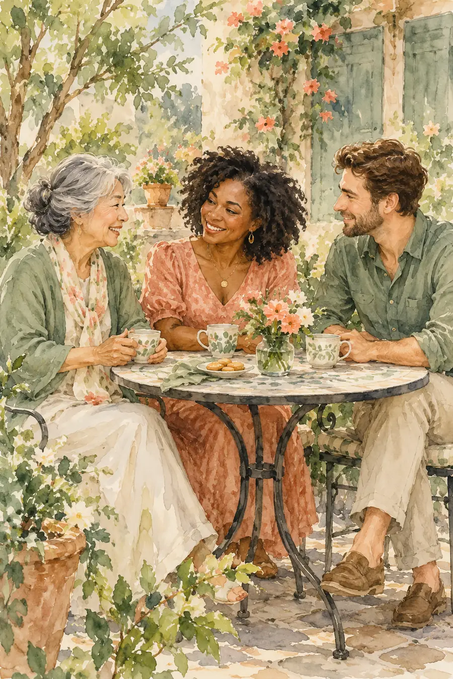 Watercolor painting of an older East Asian woman, a Black adult daughter, and a white adult son seated together at a garden table with teacups and flowers.