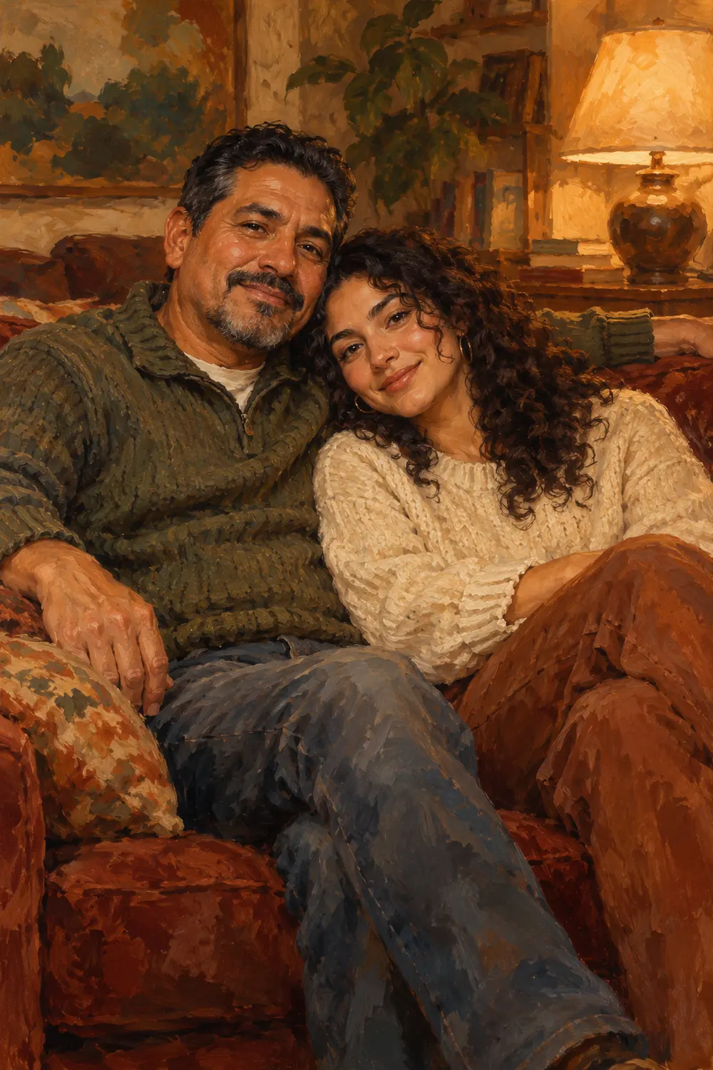 Vertical oil painting of a middle-aged father and his curly-haired adult daughter sitting close together on a deep sofa in a warmly lit living room.