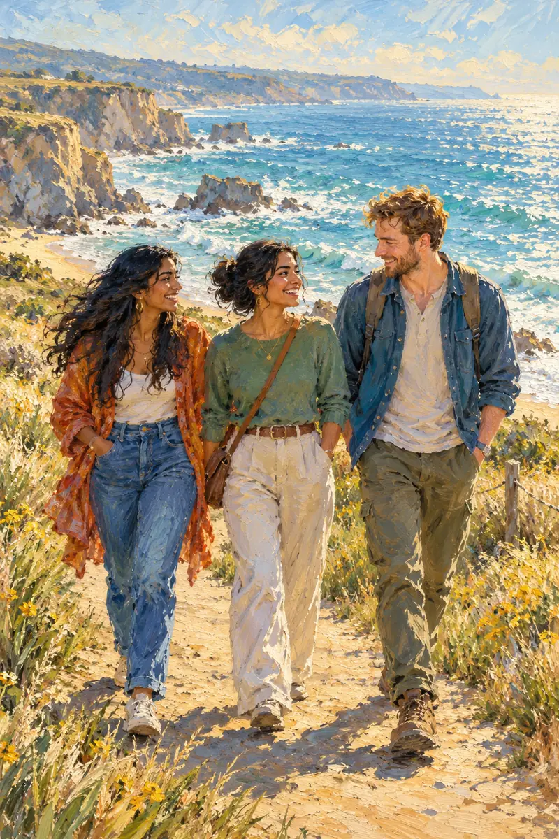 Impressionist painting of two adult South Asian sisters and their adult white brother walking together beside a bright, breezy coast.