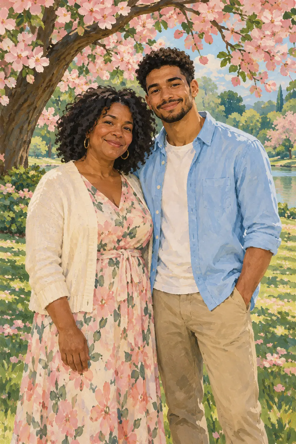 Vertical gouache painting of a mature Black mother and her adult son standing together beneath pink blossoms in a spring park.