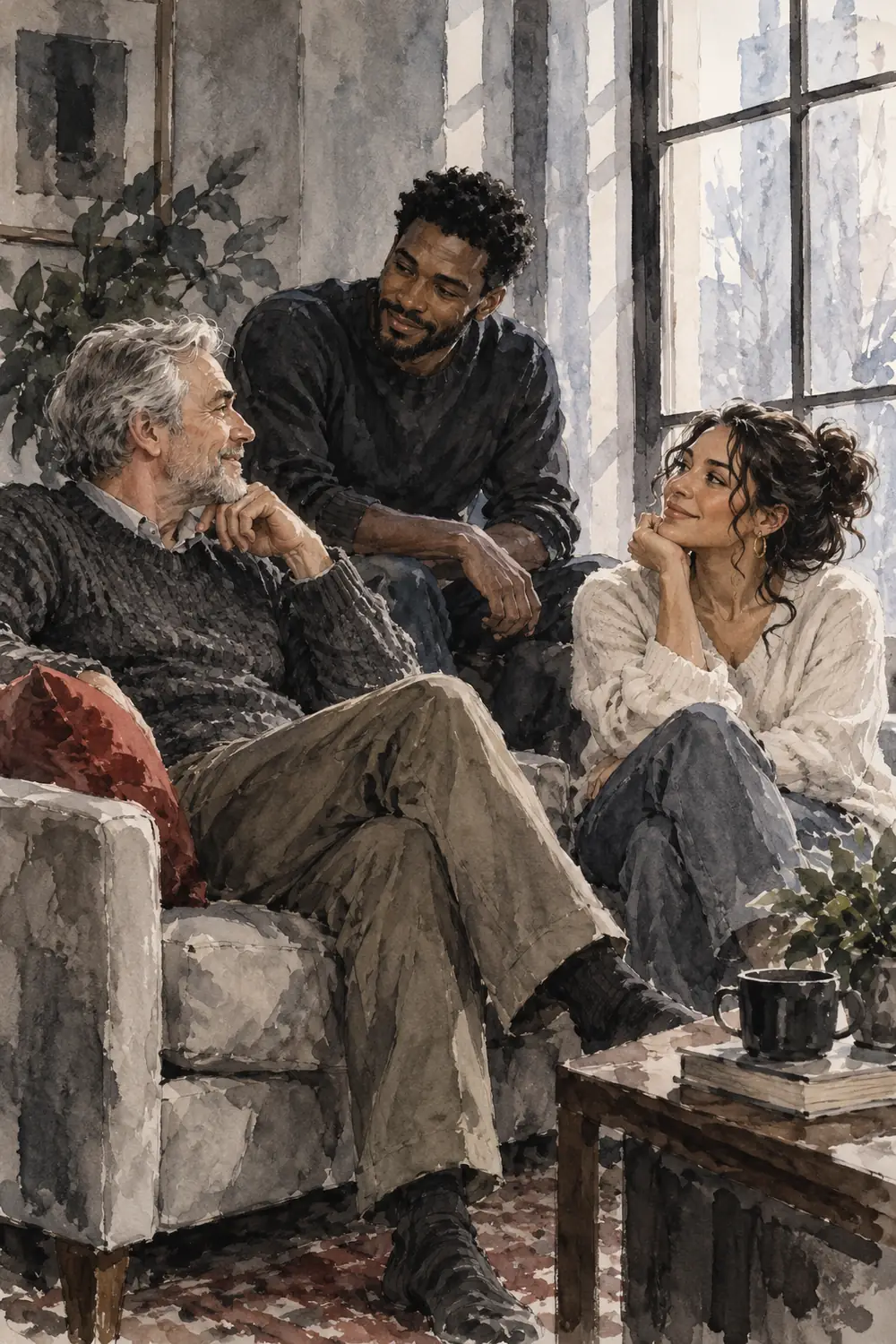 Ink wash painting of an older man, an adult Black man, and an adult Latina woman seated together beside a tall window, with a muted red cushion.