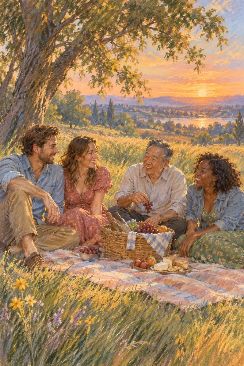 Pastel-style painting of four adult relatives sharing a picnic beneath a tree in golden evening light.