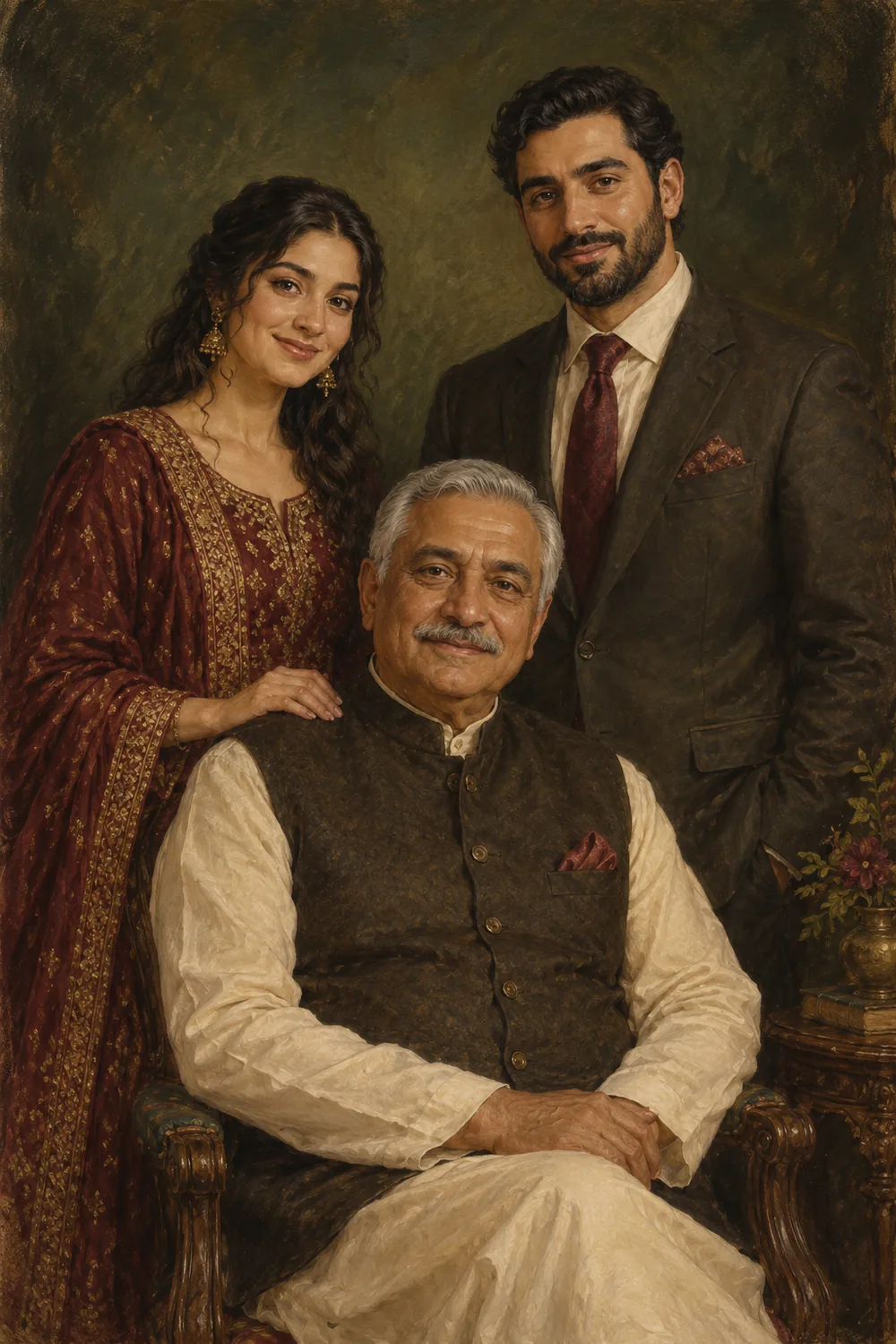 Edge-to-edge vintage style painting of an older seated man with an adult woman and man standing behind him against a dark olive backdrop.