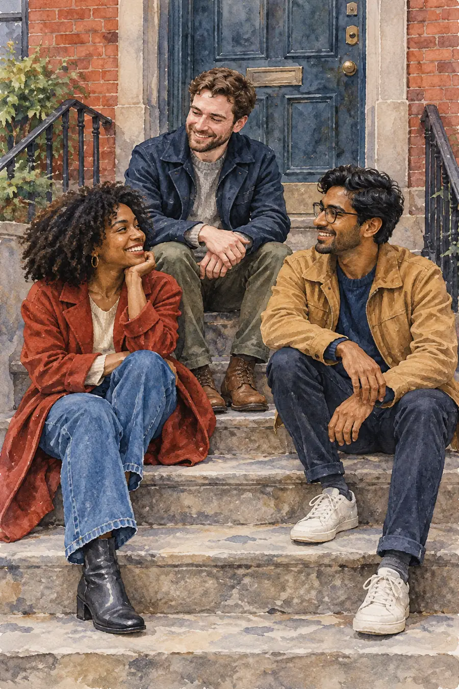 Watercolor painting of three adult siblings seated at different levels on an urban stoop in front of a blue door and brick facade.