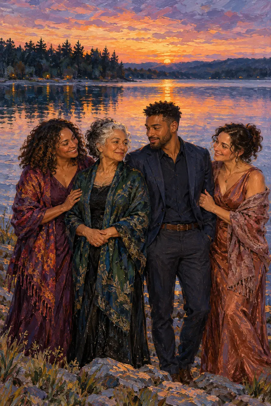 Oil painting of four adult relatives standing close together by a lake at sunset, with textured brushwork and warm reflections.