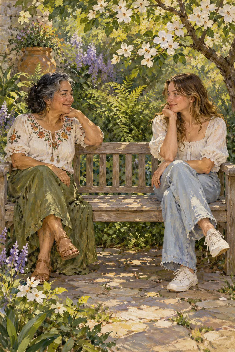 Painterly garden portrait of an older woman and her adult daughter seated at opposite ends of a wooden bench beneath dogwood branches.