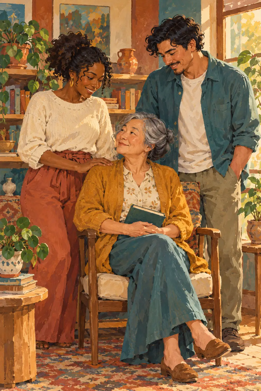 Vertical gouache painting of an older aunt seated with a closed book as her adult niece and nephew stand close beside her in a warm, plant-filled reading nook.