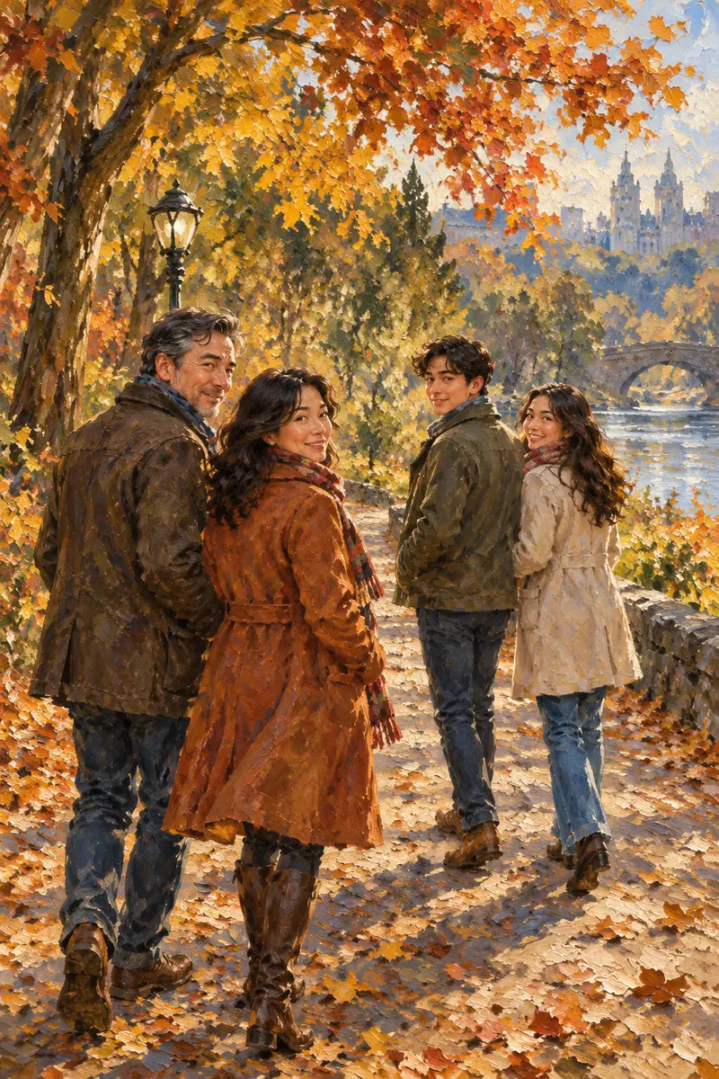 Impressionist painting of four adult relatives in autumn coats walking along a leaf-covered park path beneath golden trees, with a river and bridge in the distance.