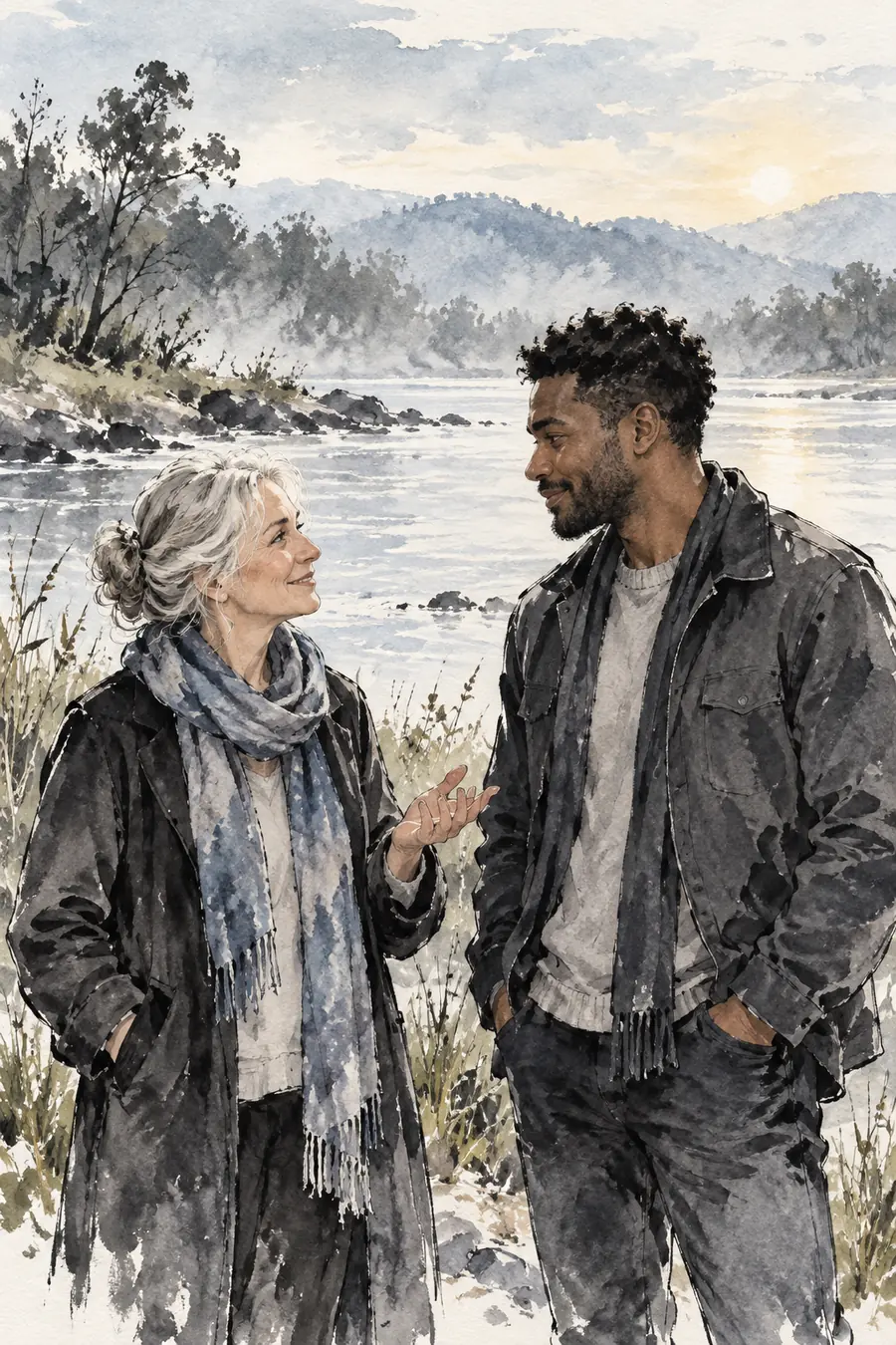 Vertical ink wash painting of an older white woman and her adult Black son talking beside a river, with reeds and misty hills behind them.