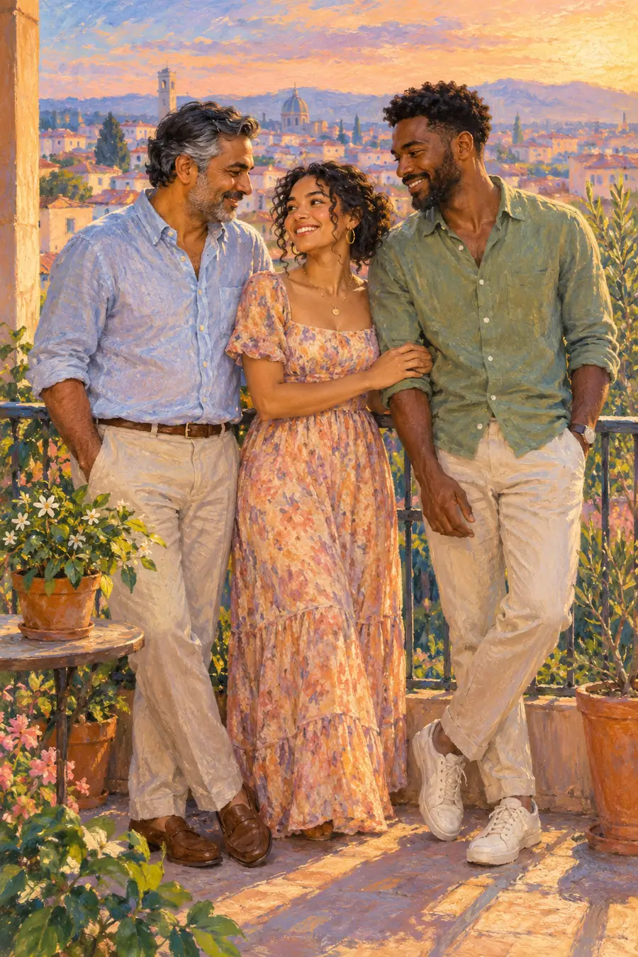 Pastel style painting of a father, adult daughter, and son-in-law standing together on a sunlit balcony, with potted plants and a city view.