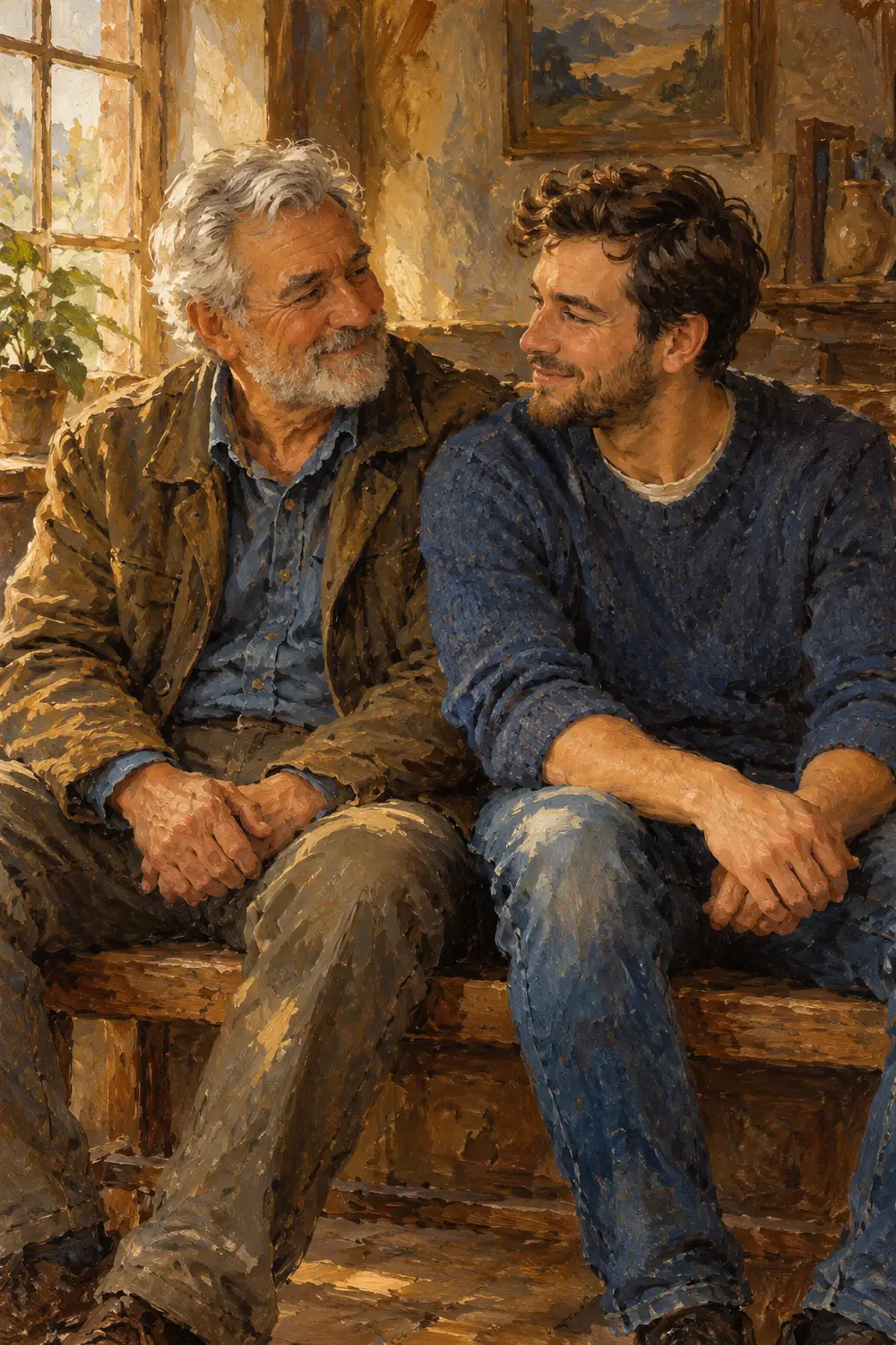 Warm oil painting of an older gray-haired father and his adult son seated shoulder to shoulder on a wooden bench, smiling toward each other in a softly lit interior.