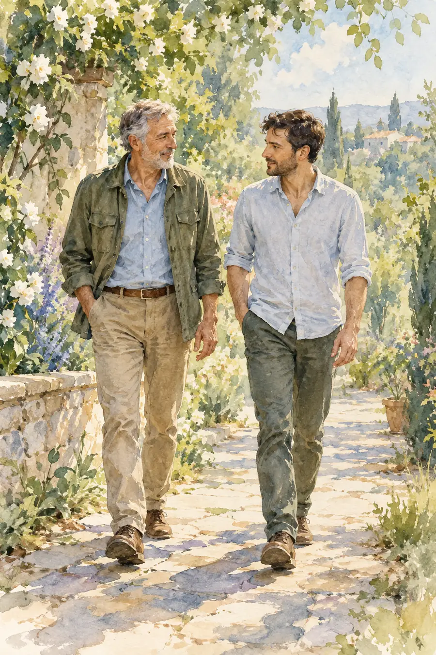 Watercolor painting of a gray-haired father and his adult son walking side by side on a leafy garden path.