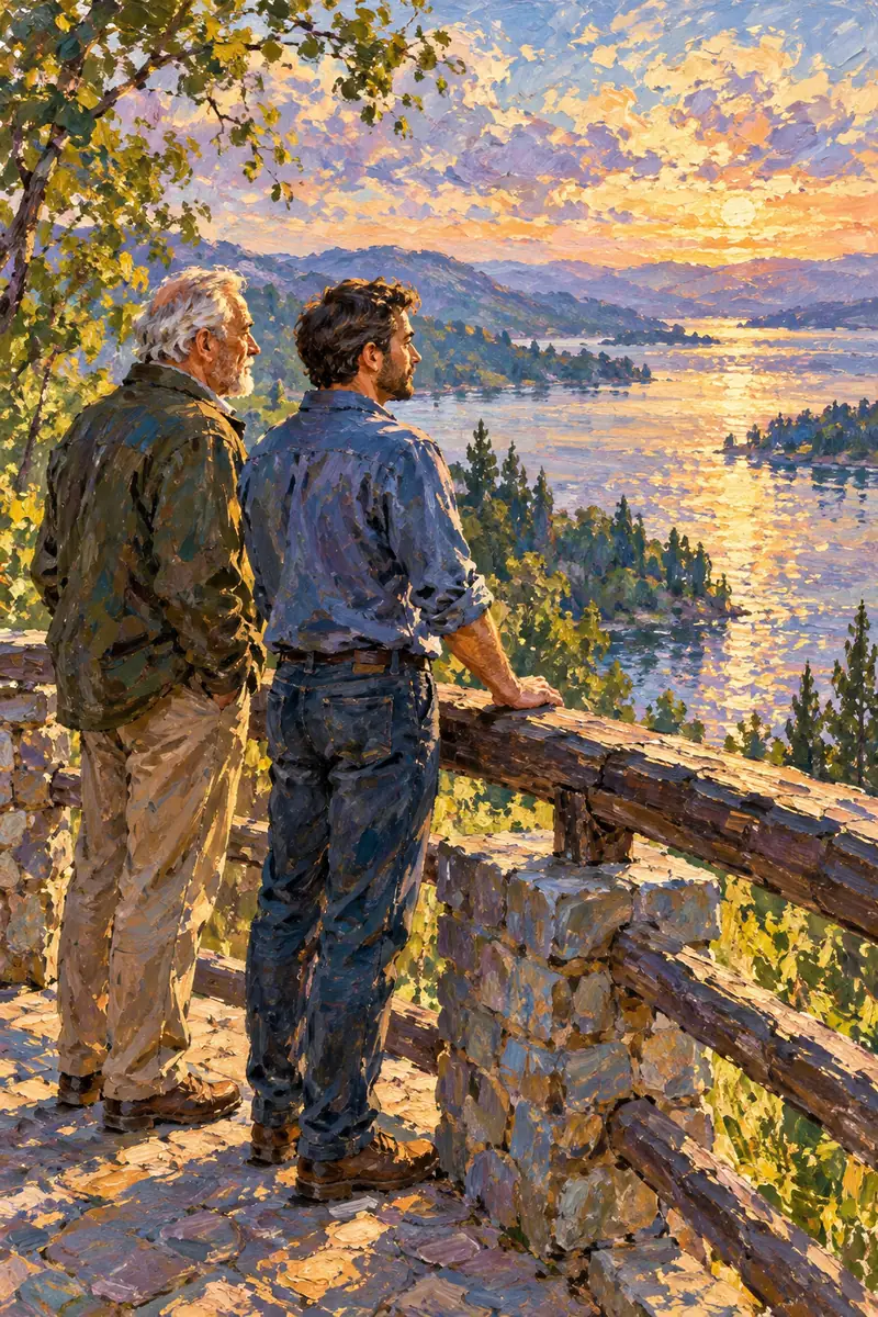 Impressionist painting of an older father and adult son standing side by side at a stone lakeside railing, looking across a sunlit lake.
