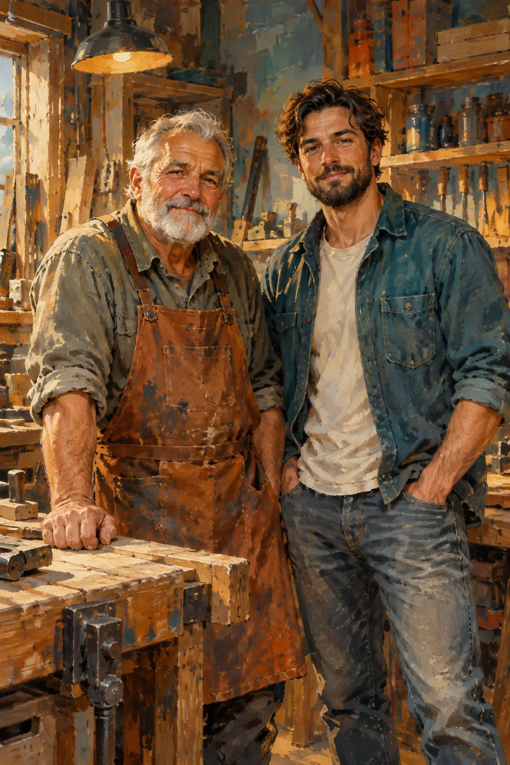 Acrylic-style painting of an older, gray-haired father in a rust apron and his bearded adult son in a teal shirt standing together at a workshop bench.