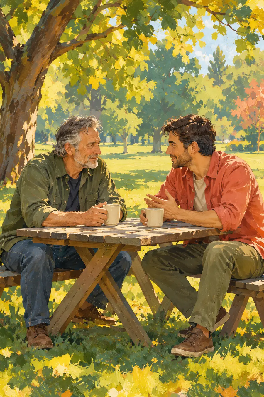Textured gouache painting of an older father and adult son talking across a picnic table beneath sunlit park trees, with two plain cups.