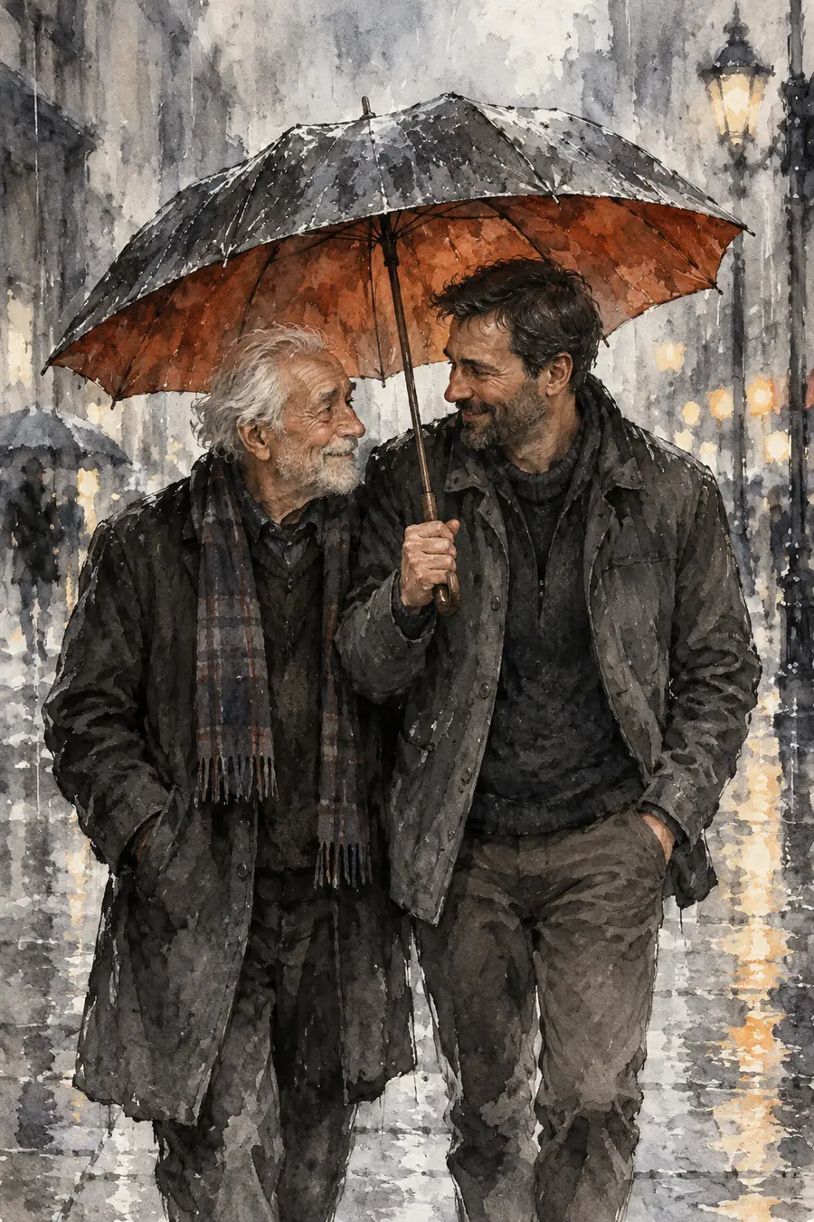 Edge-to-edge ink wash painting of an older father and adult son standing close beneath a rust-lined umbrella on a rainy city street.