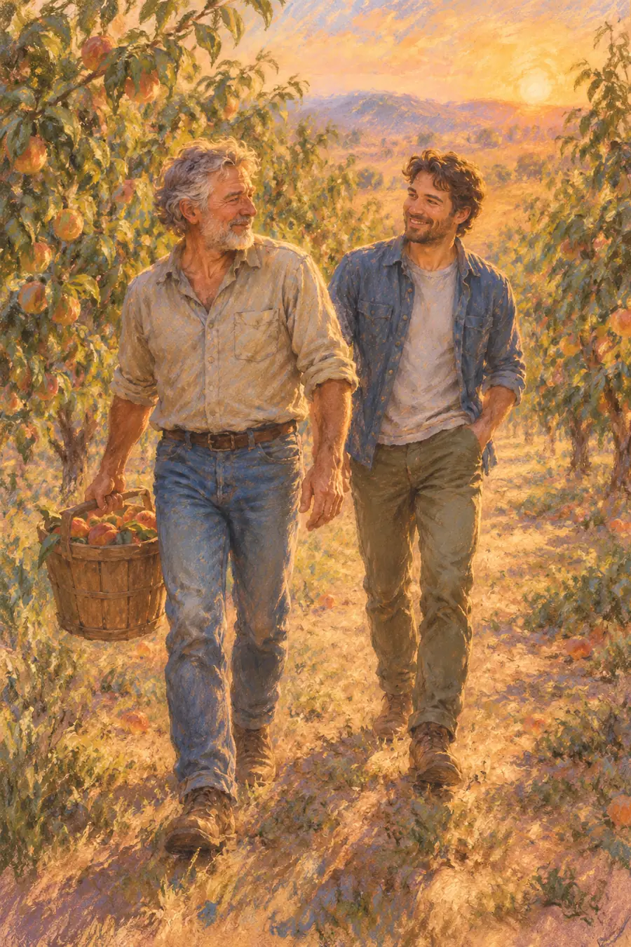 Pastel painting of a gray haired father and his adult son walking together in a golden orchard, with a basket of apples nearby.