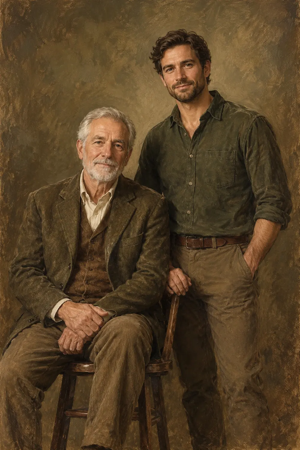 Vintage-style painting of a white-haired father seated on a stool beside his dark-haired adult son, posed against a muted olive-brown studio background.