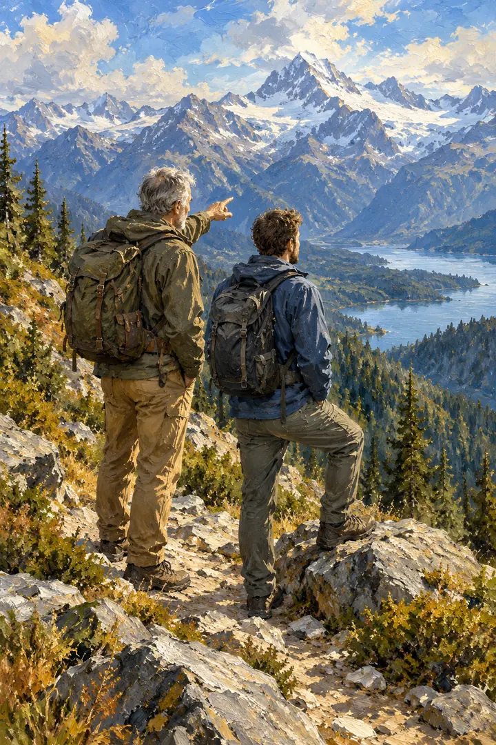 Vertical oil painting of a gray-haired father pointing toward distant mountain peaks while his adult son looks along the ridge; both wear hiking layers and backpacks.