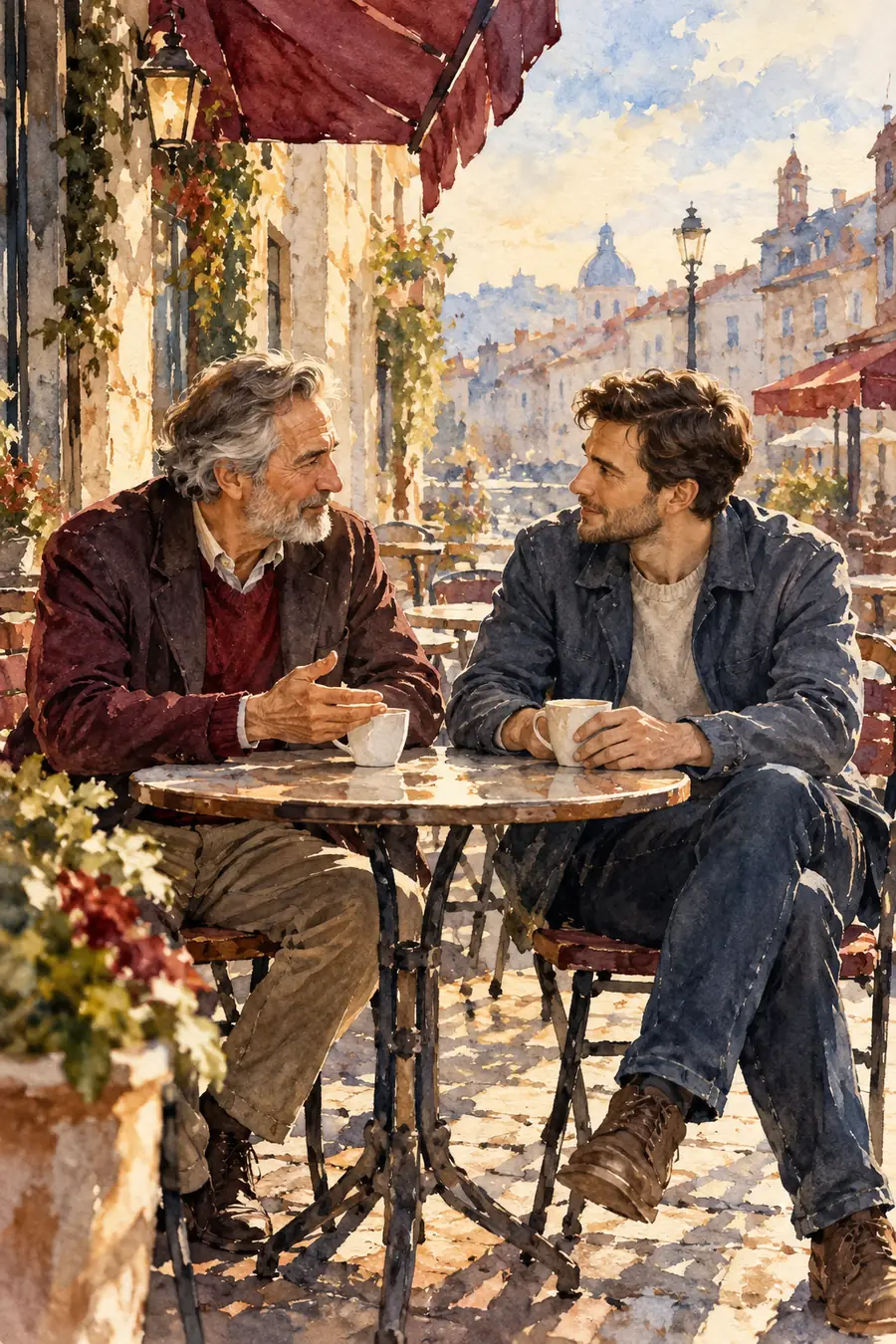 Watercolor painting of an older father and adult son talking over cups at a small outdoor café table, beneath a burgundy awning with city buildings behind them.