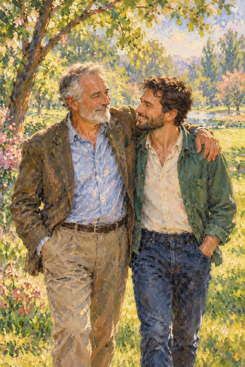 Impressionist painting of a gray-haired father and his adult son embracing in a sunlit park, with loose trees and a bright lawn behind them.