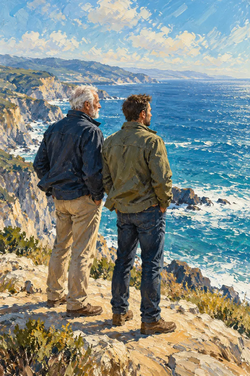 Textured acrylic painting of an older man and his adult son standing on a seaside cliff, looking toward the horizon.