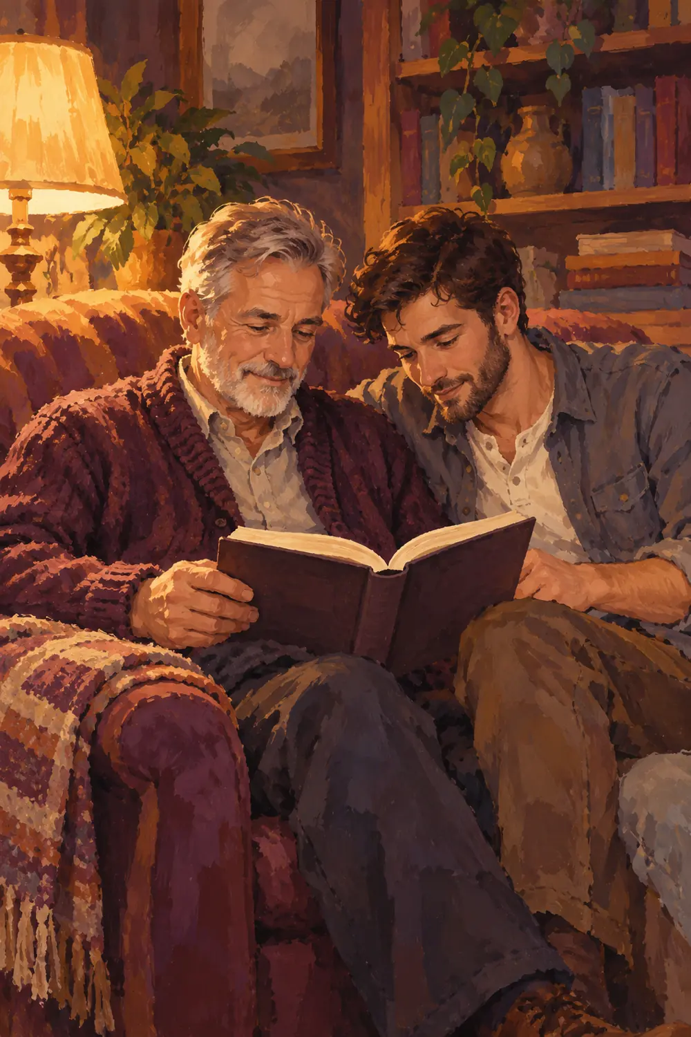 Gouache painting of an older father and adult son seated together, looking at an open book in a warmly lit reading nook.