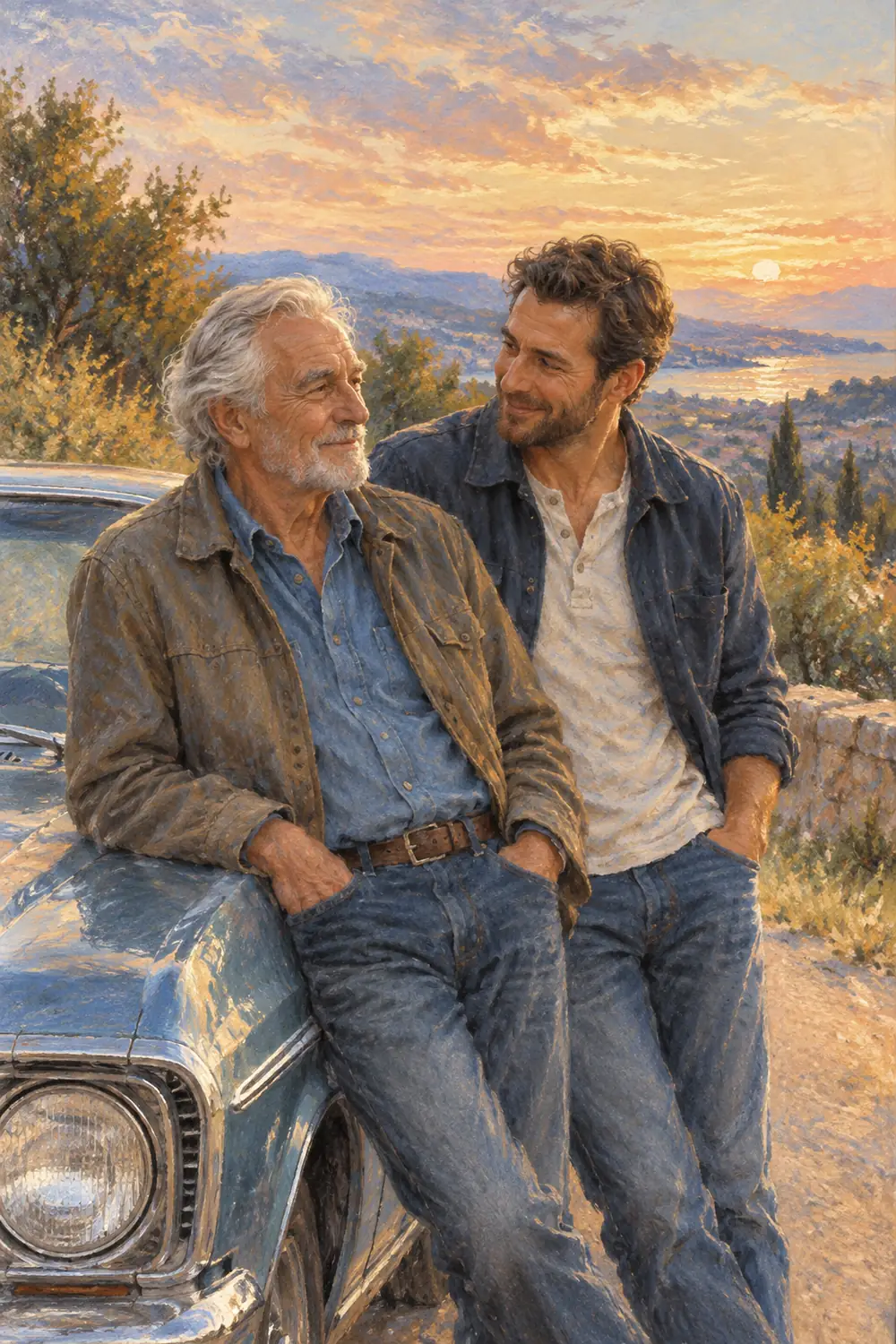 Pastel painting of an older father and adult son leaning beside a dusty blue classic car beneath a warm sunset sky.