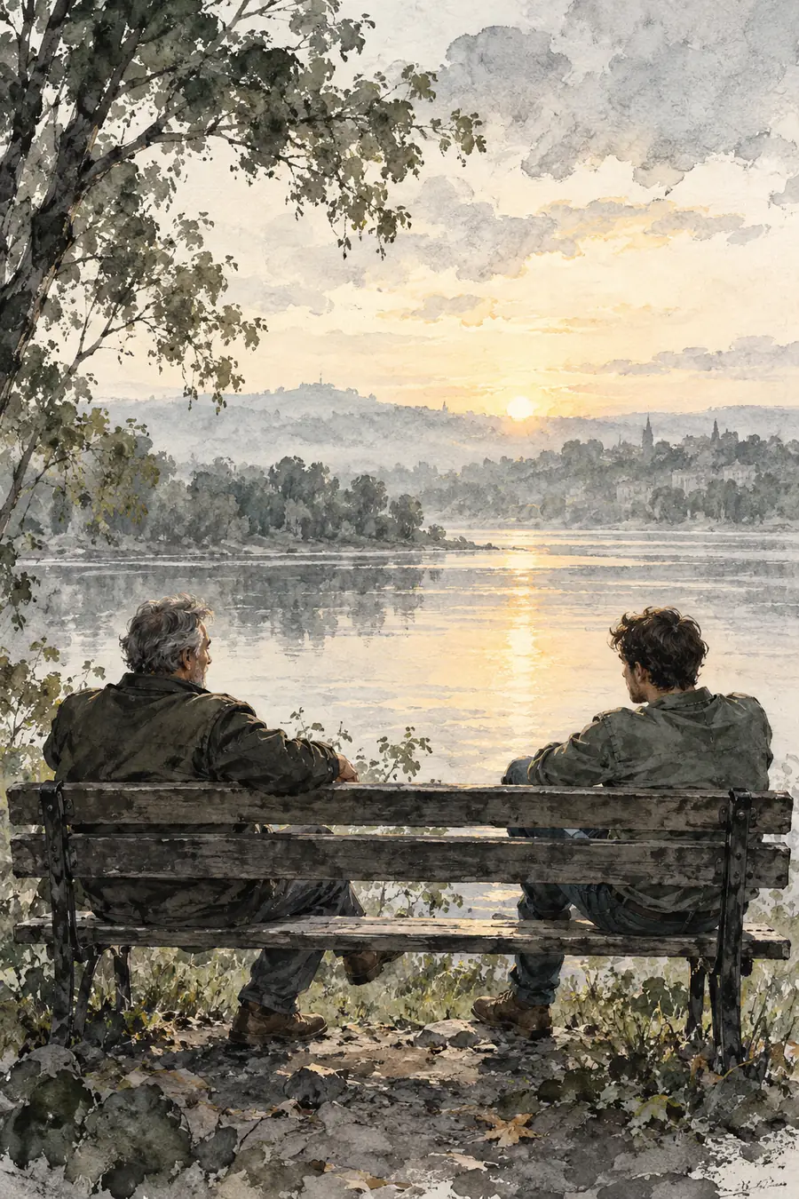 Ink wash painting of a father and adult son seated at opposite ends of a riverside bench, looking toward the water at dawn.
