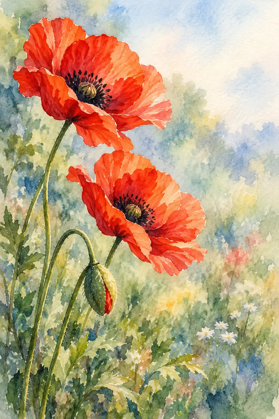 Three red poppies painted in translucent watercolor against a hazy green-blue field.