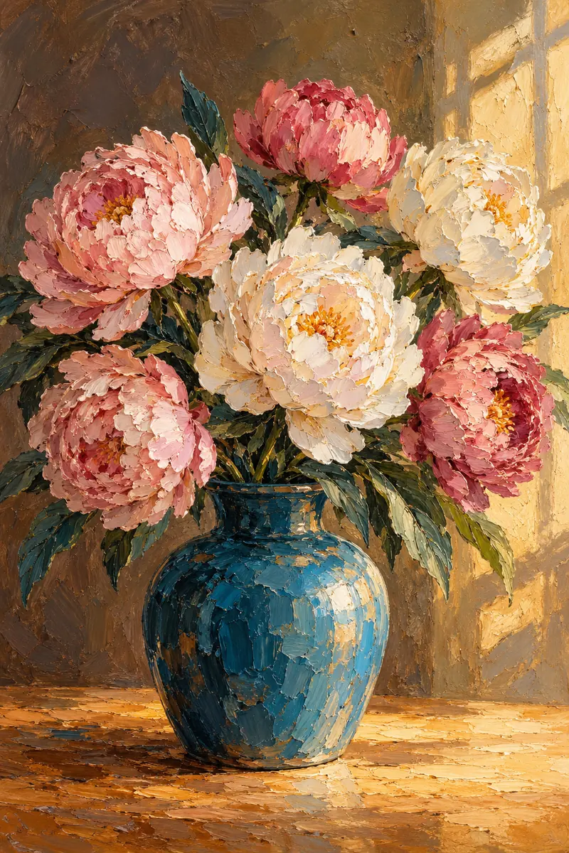 Thickly painted blush pink and ivory peonies with dark teal leaves in a blue ceramic vase on an ochre tabletop.