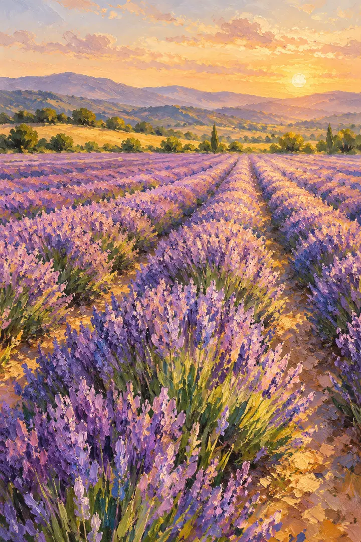 A textured Impressionist painting of lavender rows leading toward hazy rolling hills beneath a peach and golden sunset sky.