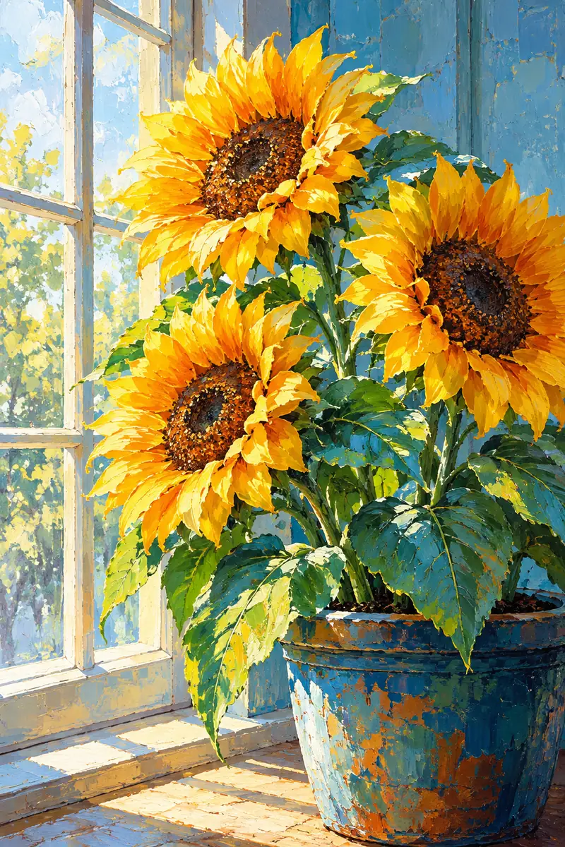 Three large golden sunflowers in a blue-green pot beside a bright window, painted with textured strokes against a cool blue interior.