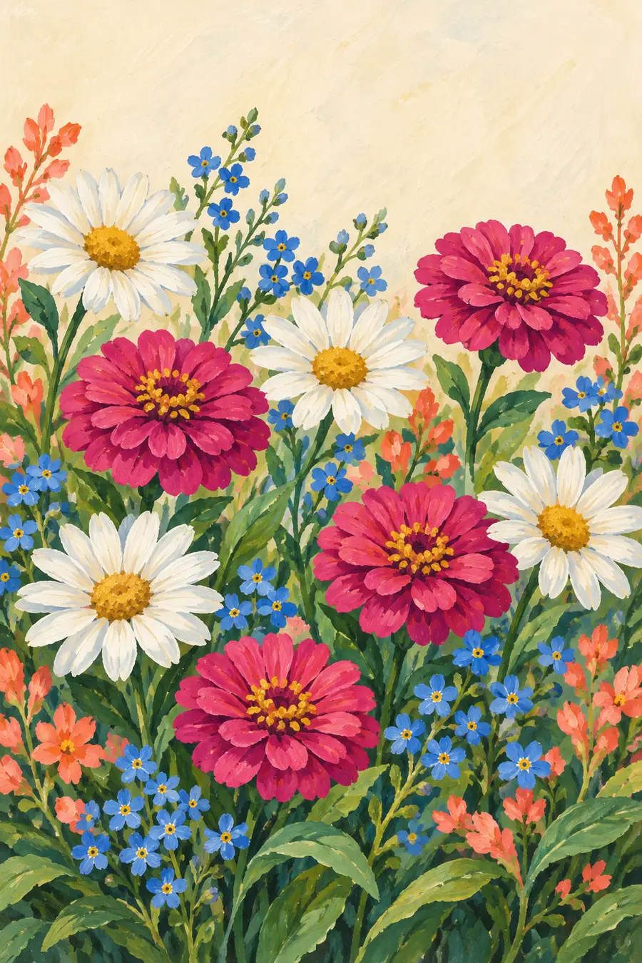 Vertical gouache painting of white daisies, magenta zinnias, tiny blue flowers, coral spikes, and green leaves against a warm cream background.