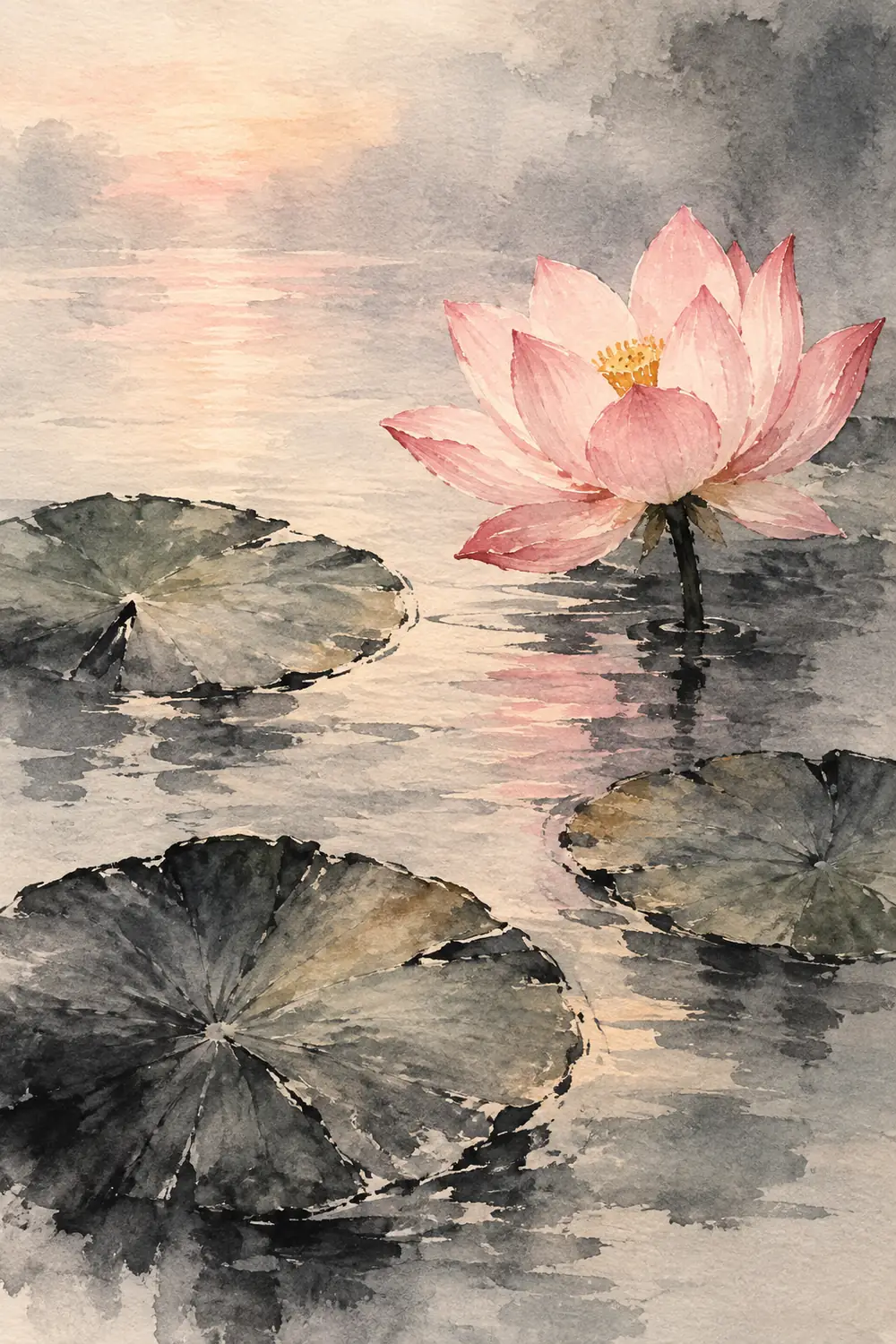 A pale pink lotus floats above three charcoal gray lily pads in a textured ink wash painting, with misty water and a soft dawn glow.