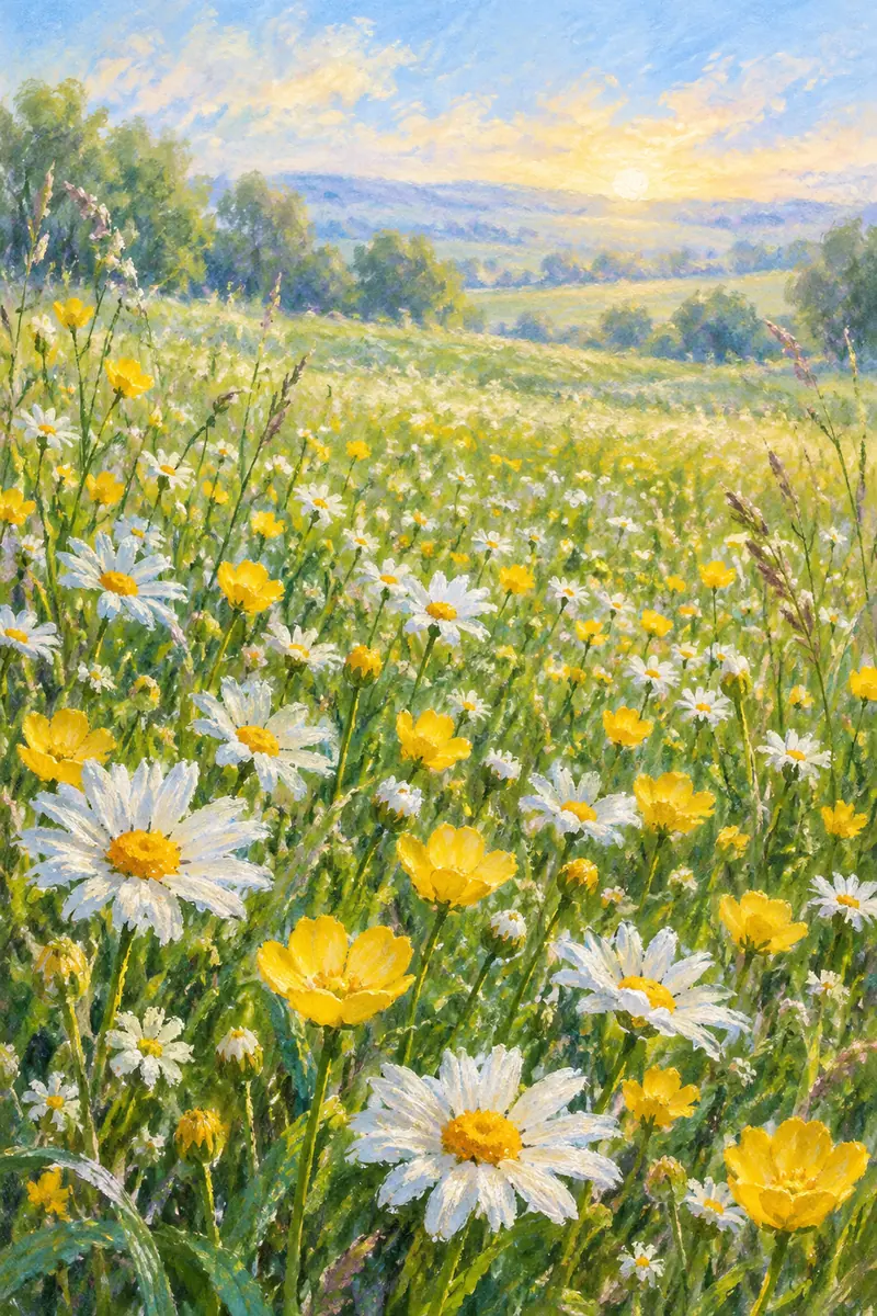 A pastel painting of white daisies and yellow buttercups in a sunlit spring meadow, with large blooms in the foreground and a pale blue sky above.