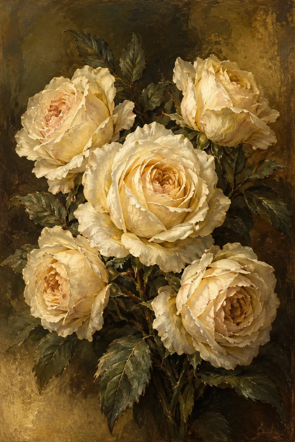Five cream garden roses and dark leaves painted in warm layered brushwork against a dark olive-brown background.