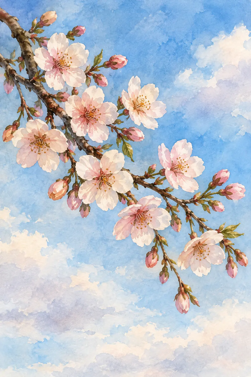A diagonal cherry branch with pale pink and ivory blossoms and buds painted against a textured blue watercolor sky with soft clouds.