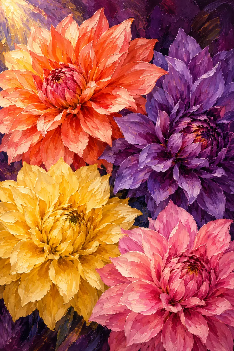 Acrylic painting of four overlapping dahlias in coral, violet, golden yellow, and pink against a deep plum background.