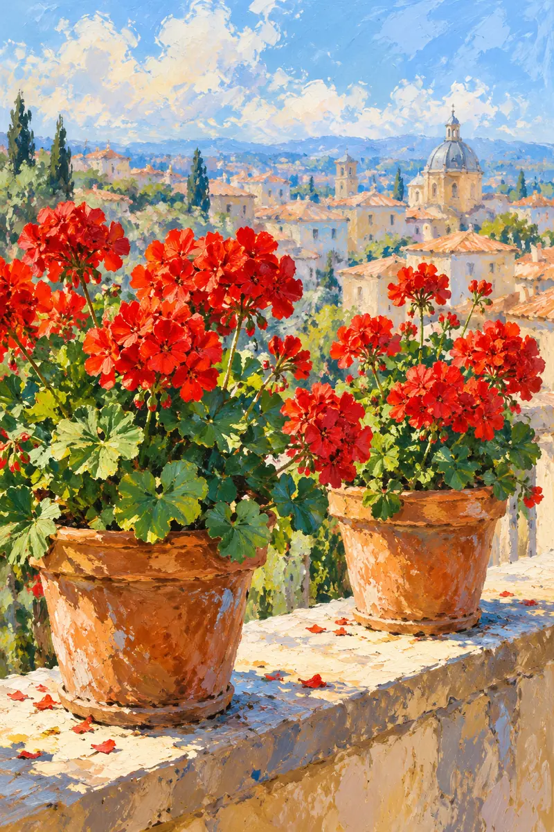 Two terracotta pots of red geraniums on a bright balcony, with green leaves and loosely painted city rooftops behind them.