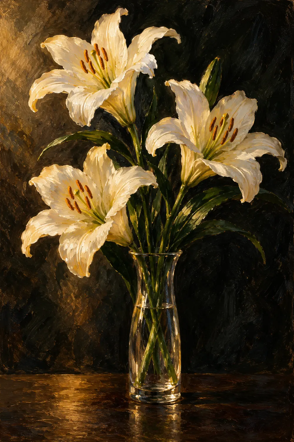 Four white lilies with golden stamens in a narrow glass vase, painted in warm oil strokes against a dark background.