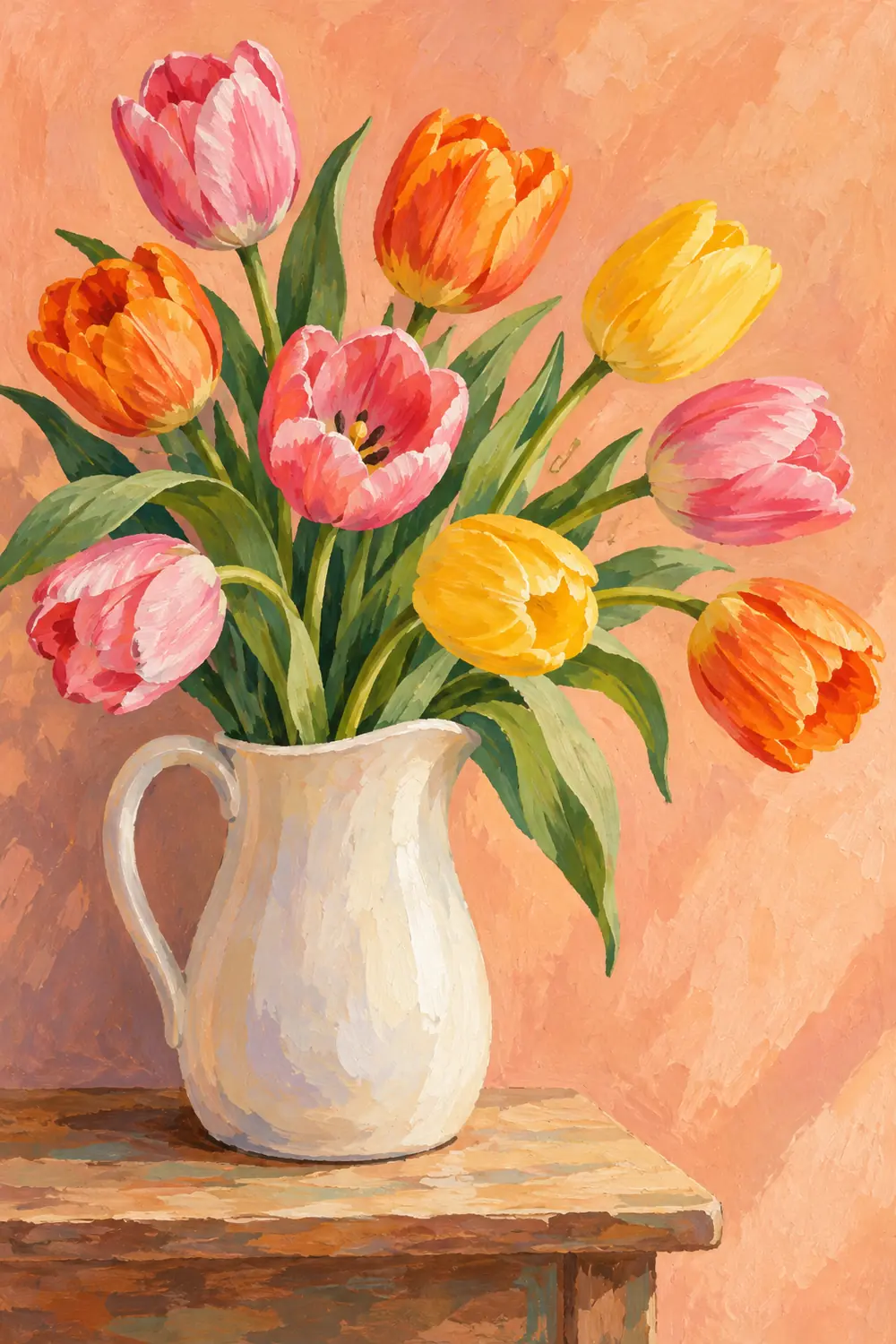 A gouache painting of nine pink, orange, and yellow tulips arranged in a white pitcher on a table against a warm peach wall.