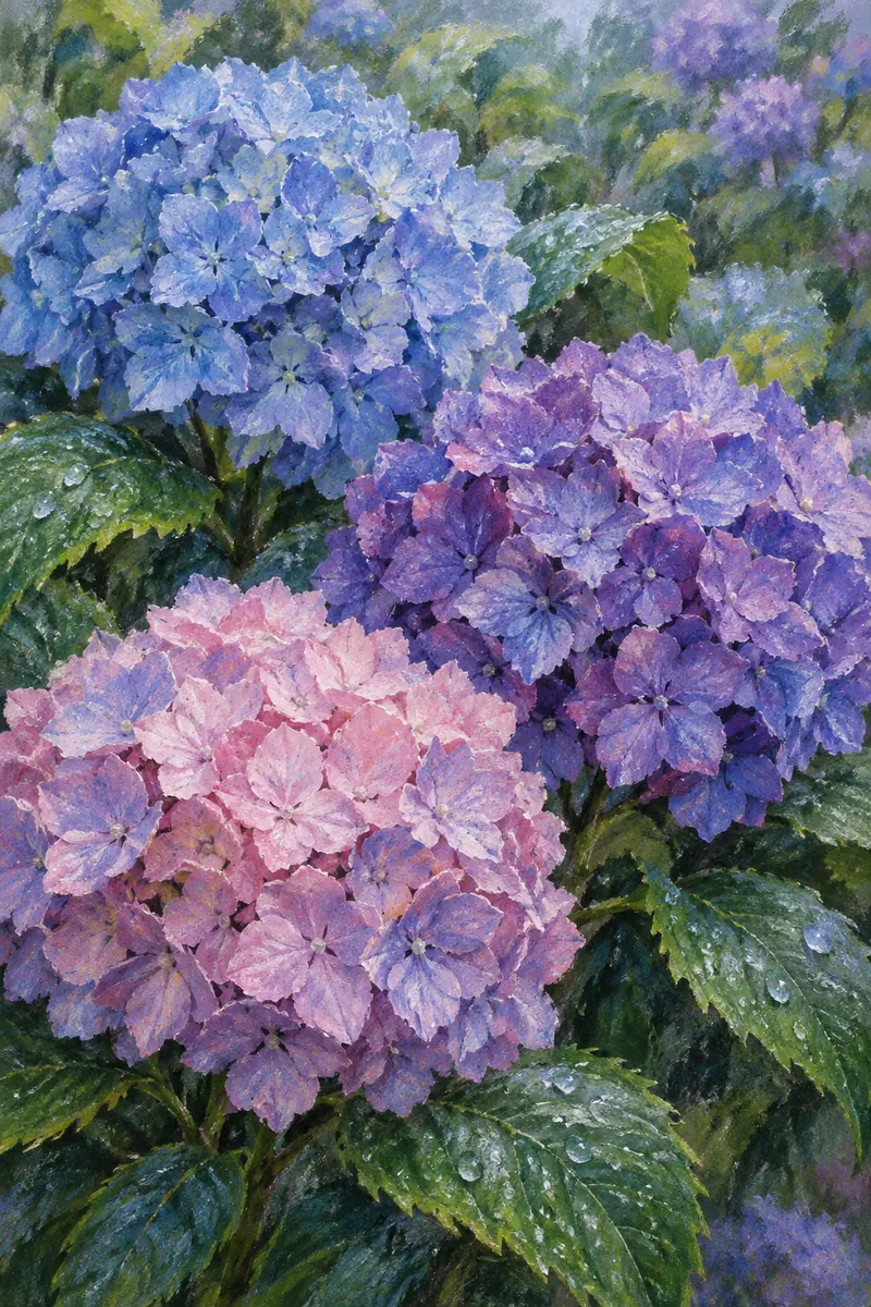 Three large blue, violet, and pink hydrangea clusters surrounded by rain-speckled green leaves in a textured pastel garden painting.