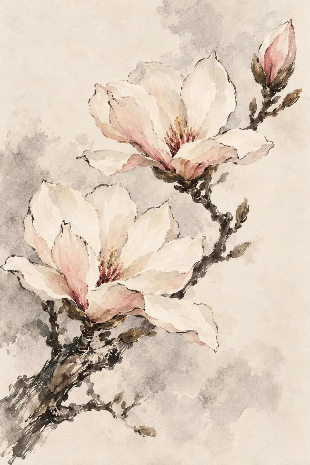 Two pale blush and ivory magnolia blooms with one closed bud on a dark branching limb, painted in ink wash on warm textured paper.