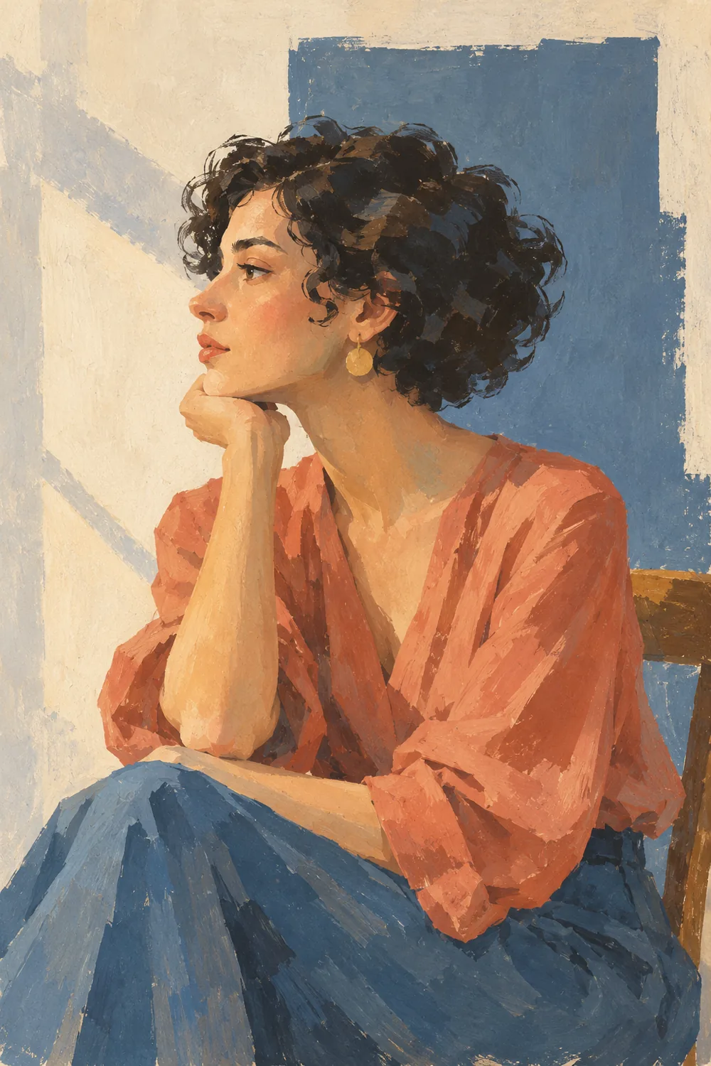 Matte gouache painting of a short-haired woman in left-facing profile, resting her chin on a folded hand against a cream and dusty blue geometric background.