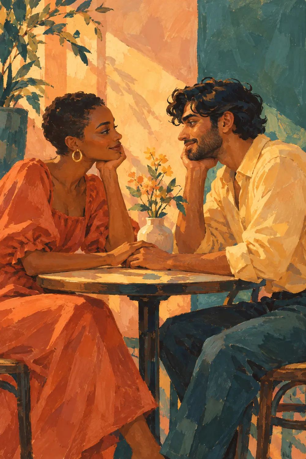Matte gouache painting of a Black woman with close-cropped hair and a South Asian man with wavy hair leaning toward each other across a small table with a vase.