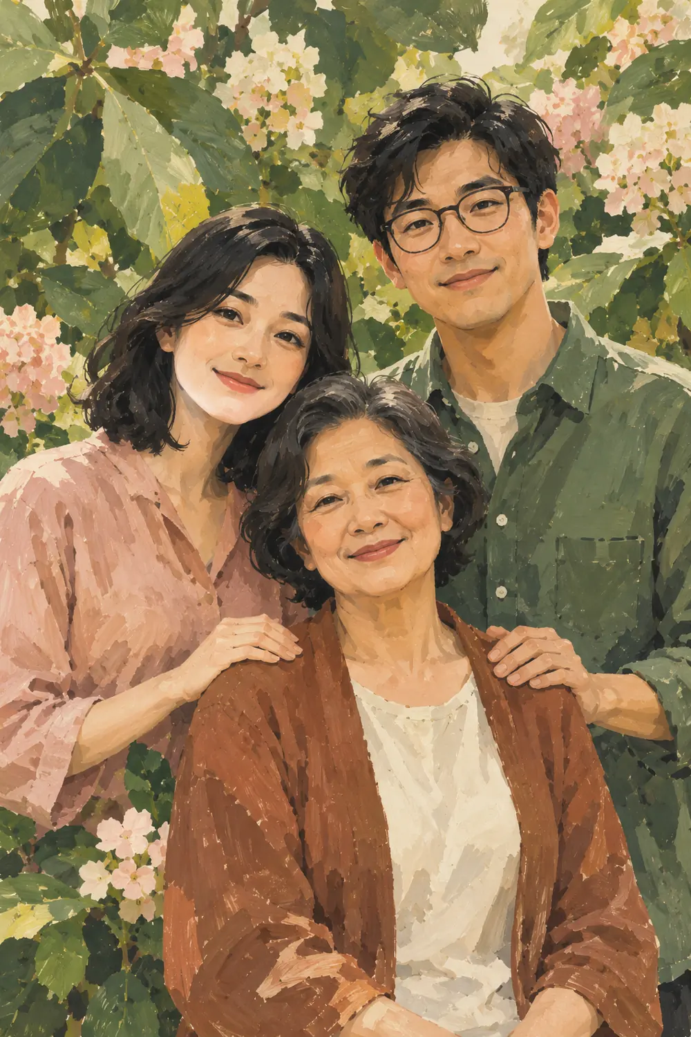 Matte gouache painting of an older mother with her adult daughter and bespectacled son, standing close amid oversized garden leaves.