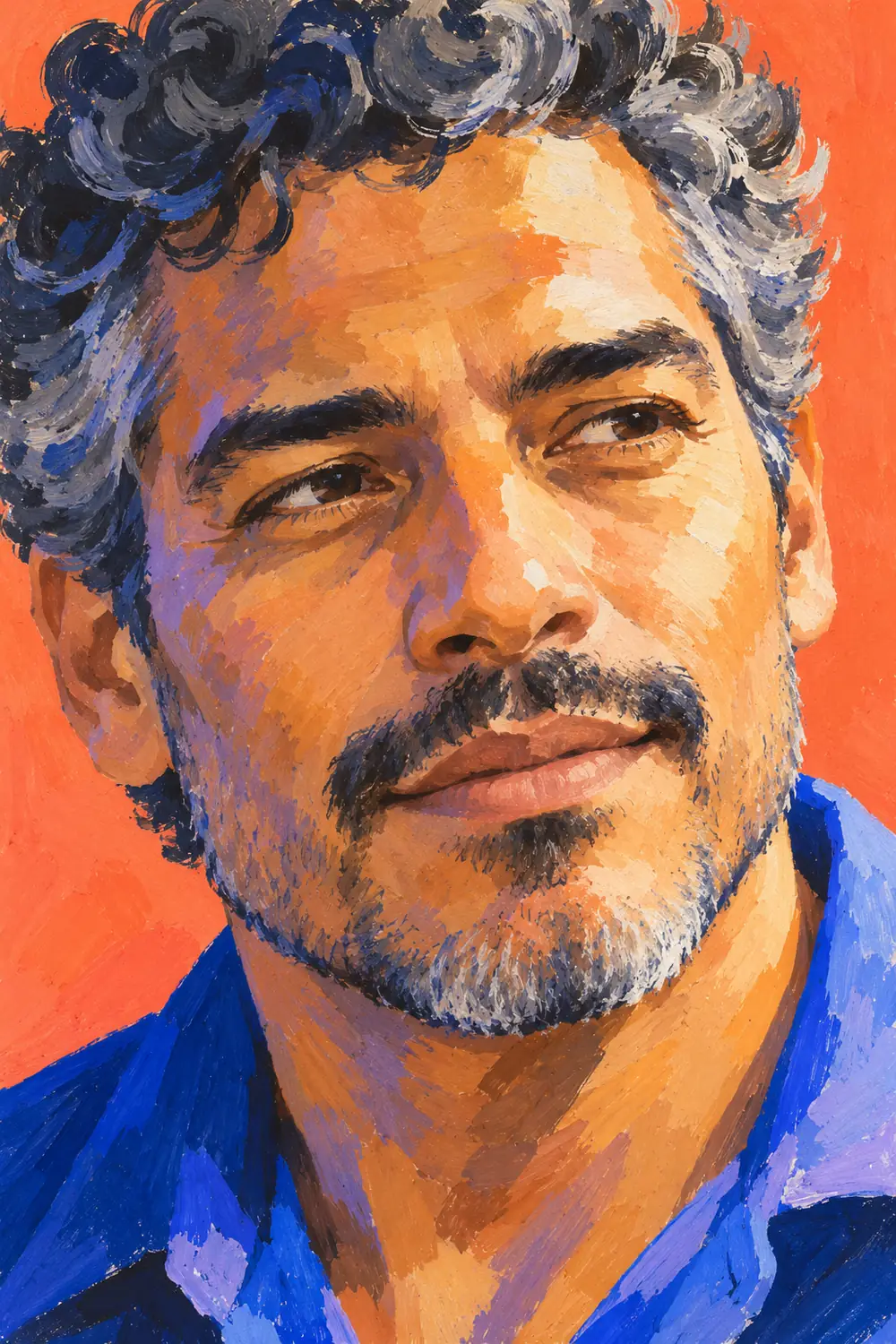 Vertical matte gouache portrait of one adult man with salt-and-pepper curls, painted in cobalt, tangerine, lilac, and warm cream against coral.
