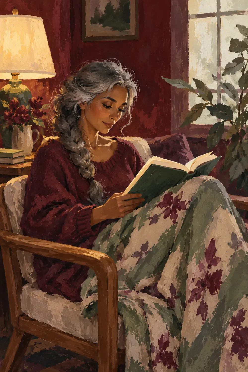 Matte gouache painting of a gray-braided woman reading an open book in a low chair beside a lamp and pale window.