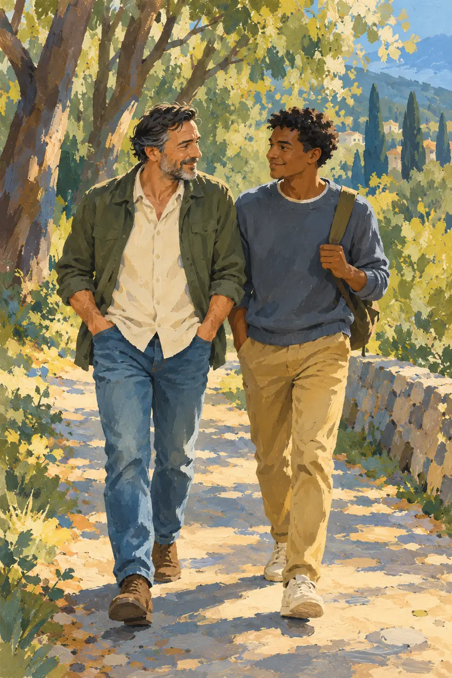 Matte gouache painting of a dark-haired father and his adult son walking together on a leafy path in warm afternoon light.